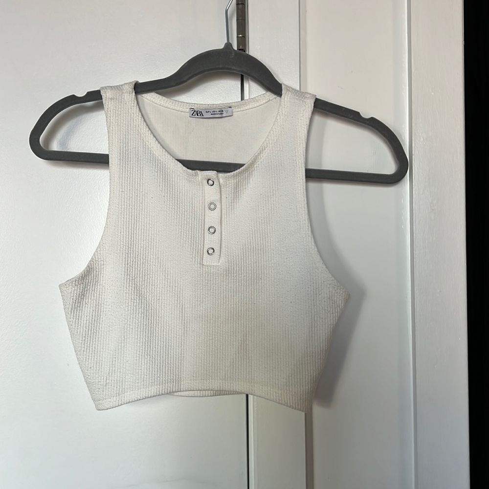 Zara Ribbed White Tank Crop Top with Snap Buttons